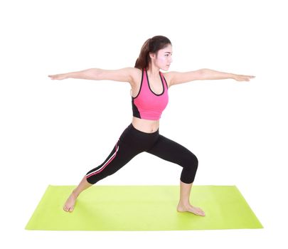 Young woman doing yoga exercise with yoga mat isolated on white background