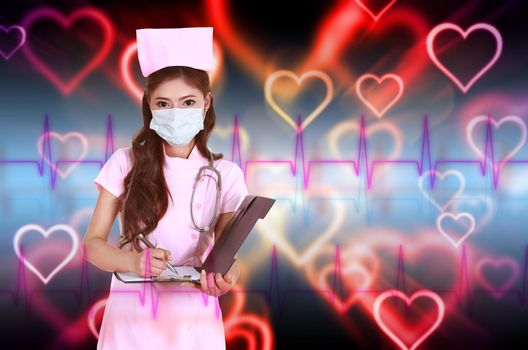 female nurse writting clipboard with abstract pulse and heart background