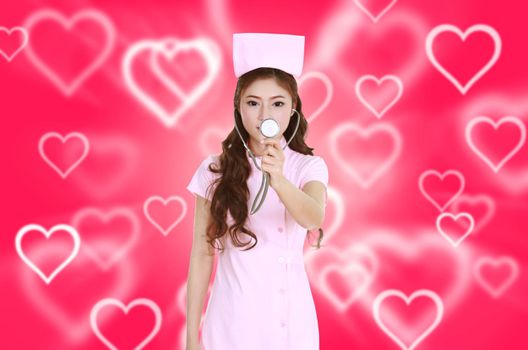 female nurse with stethoscope with heart background