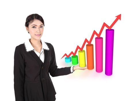 Business woman with business graph on wihte background