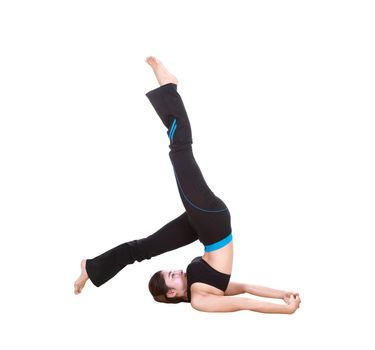 Young woman doing yoga exercise isolated on white background