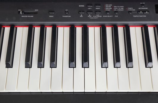 close-up of piano keys of black piano