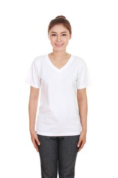 young beautiful female with blank t-shirt isolated on white background