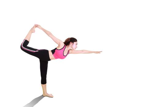 Young woman doing yoga exercise isolated on white background