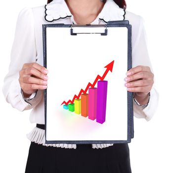 business woman holding a clipboard with business graph chart