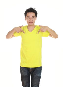man with blank yellow t-shirt isolated on white background