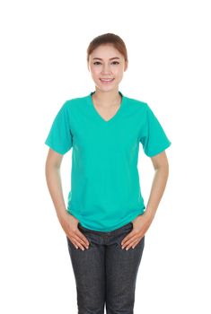 young beautiful female with blank green t-shirt isolated on white background