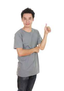 man in blank gray t-shirt with thumbs up isolated on white background