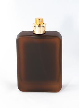 Brown Matte Bottle of Perfume for Men on White Background - Close-Up. Blank Glass Spray Bottle with Men Perfume - Mock Up