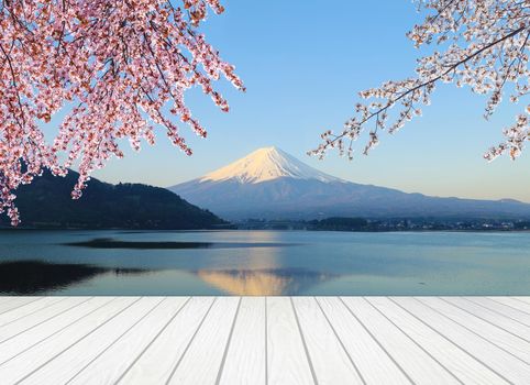 white wood terrace with Mt Fuji and Cherry Blossom