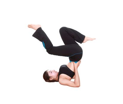 Young woman doing yoga exercise isolated on white background