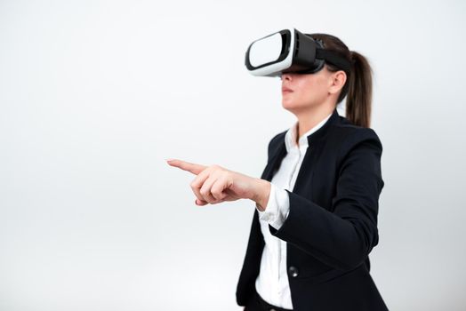 Woman Wearing Vr Glasses And Pointing On Important Message With One Finger.