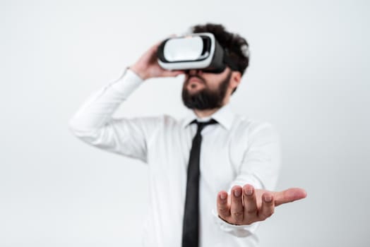 Man Wearing Vr Glasses And Presenting Important Messages Over One Hand.