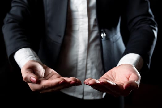 Businesswoman Holding And Presenting Important Informations On Hands.