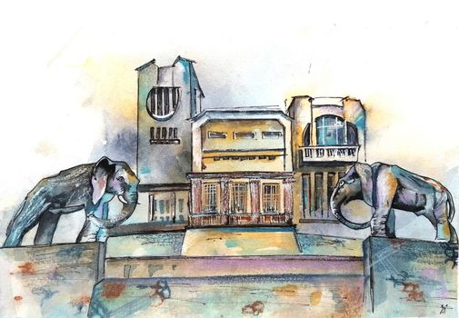 Watercolor and ink sketch of city building, hand drawn houses, urban illustration.