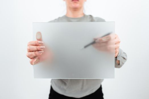 Woman Holding Pen And Placard Advertising Business For Growth.