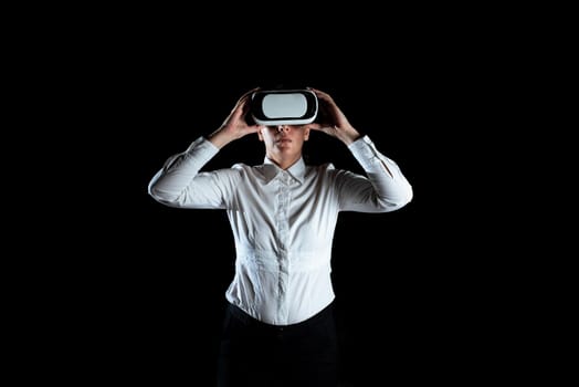Woman Wearing Virtual Reality Headset And Enjoying The Simulator.