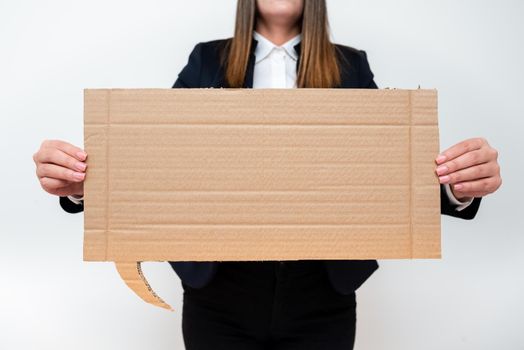 Businesswoman Holding Speech Bubble With Important Messages.