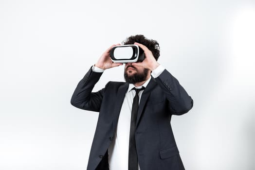 Standing Man Wearing Vr Glasses Presenting Important Messages.