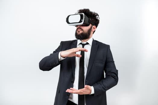 Man Wearing Vr Glasses Andpresenting Important Messages Between Hands.