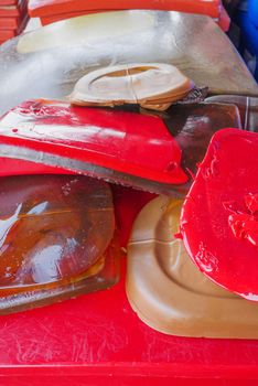 Re-production of gelatin. Slabs of remelted edible gelatin. Remelted gelatin in the form of plates.