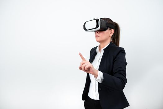 Woman Wearing Vr Glasses And Pointing On Important Message With One Finger.