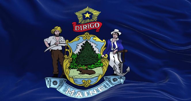 The US state flag of Maine waving in the wind. Maine is a state in the New England region of the United States. Democracy and independence.