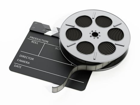 Film slate and film reel isolated on white background. 3D illustration.