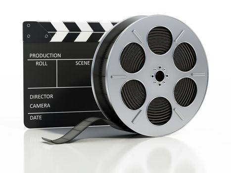 Film slate and film reel isolated on white background. 3D illustration.