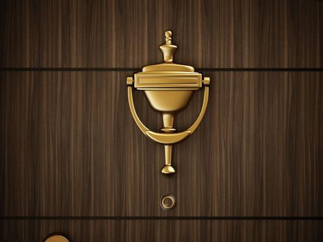 Golden door knocker on wooden door. 3D illustration.