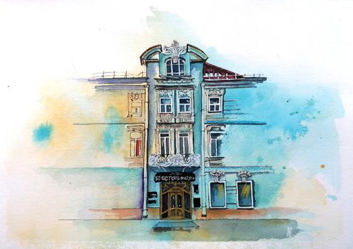 Watercolor painting of retro romantic restaurant, cafe in a small Italian town. Vintage Italy.