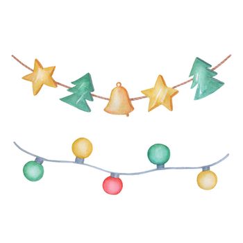 Watercolor christmas garland of light bulbs and with elements of Christmas. Illustration isolated on white