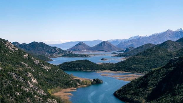 View from Pavlova Strana of Skadar Lake, also called Lake Scutari, Shkoder and Shkodra, which lies on the border of Albania and Montenegro, and is the largest lake in Southern Europe.