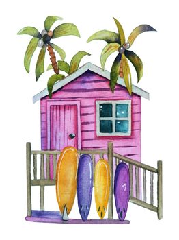 watercolor illustration of a beach house with a surfboard. A postcard of a summer sea holiday.