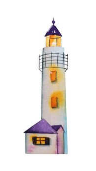 Maritime lighthouse tower on rock stones island. Hand painted water color graphic drawing on white with copy space, cutout clipart design element for marine card, banner, frame, border, poster, decor