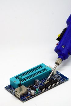 Soldering on pcb close up view