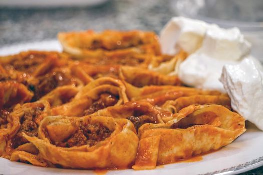 Turkish adana kebab with appetizers close up