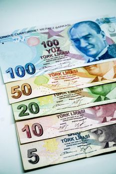 Turkish lira banknotes calculator bills and tax calculations on isolated background