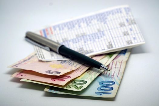 Turkish lira banknotes calculator bills and tax calculations on isolated background