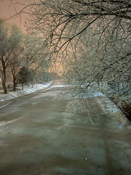 Frozen Porsuk river in Eskisehir at Kanlikavak park at night snow scenes