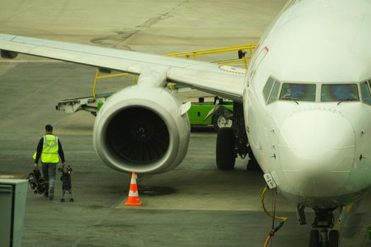 7 May 2022 Ankara Turkey. Boarding Pegasus airlines plane with ramp on Esenboga airport