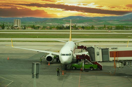 7 May 2022 Ankara Turkey. Boarding Pegasus airlines plane with ramp on Esenboga airport