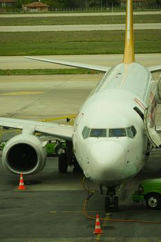 7 May 2022 Ankara Turkey. Boarding Pegasus airlines plane with ramp on Esenboga airport