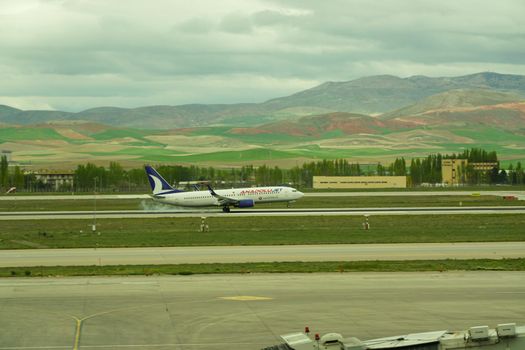 7 May 2022 Ankara Turkey. Anadolu jet boeing landing on Esenboga airport with smoking tires