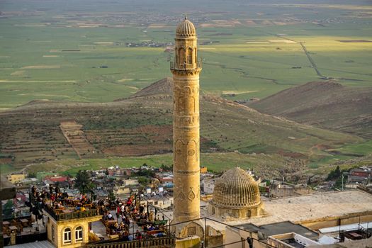 Artuklu Mardin, Turkey 7 May 2022 Mardin landscape at sunset with minaret of Ulu Cami, also known as Great mosque of Mardin