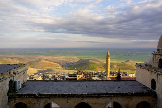 Artuklu Mardin, Turkey 7 May 2022 Mardin landscape at sunset with minaret of Ulu Cami, also known as Great mosque of Mardin