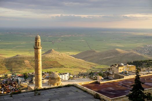 Artuklu Mardin, Turkey 7 May 2022 Mardin landscape at sunset with minaret of Ulu Cami, also known as Great mosque of Mardin