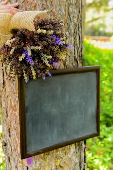Chalkboard frame cleavage and bride bouquet save the date organisation
