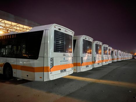 28 March 2022 Eskisehir Turkey. Eskisehir municipality busses parked in a row