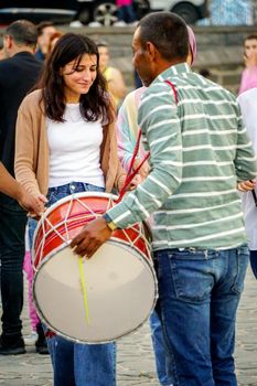 8 May 2022 Diyarbakir Turkey. People playing halay with drum and zurna on ten eyed bridge